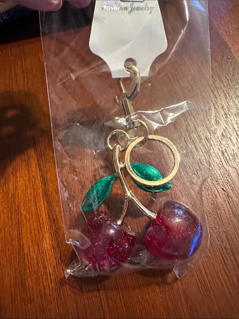 Fashion Jewelry Gold Cherry Keychain with Red Cherries and Green Leaves